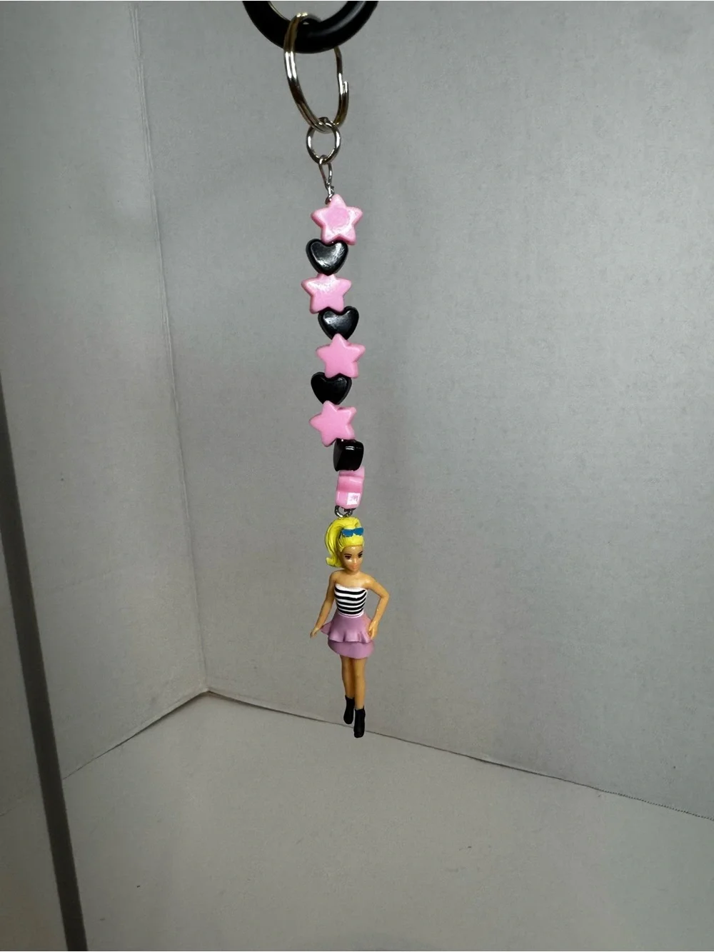 Barbie Pink & Black Star Bead Keychain with Doll Charm